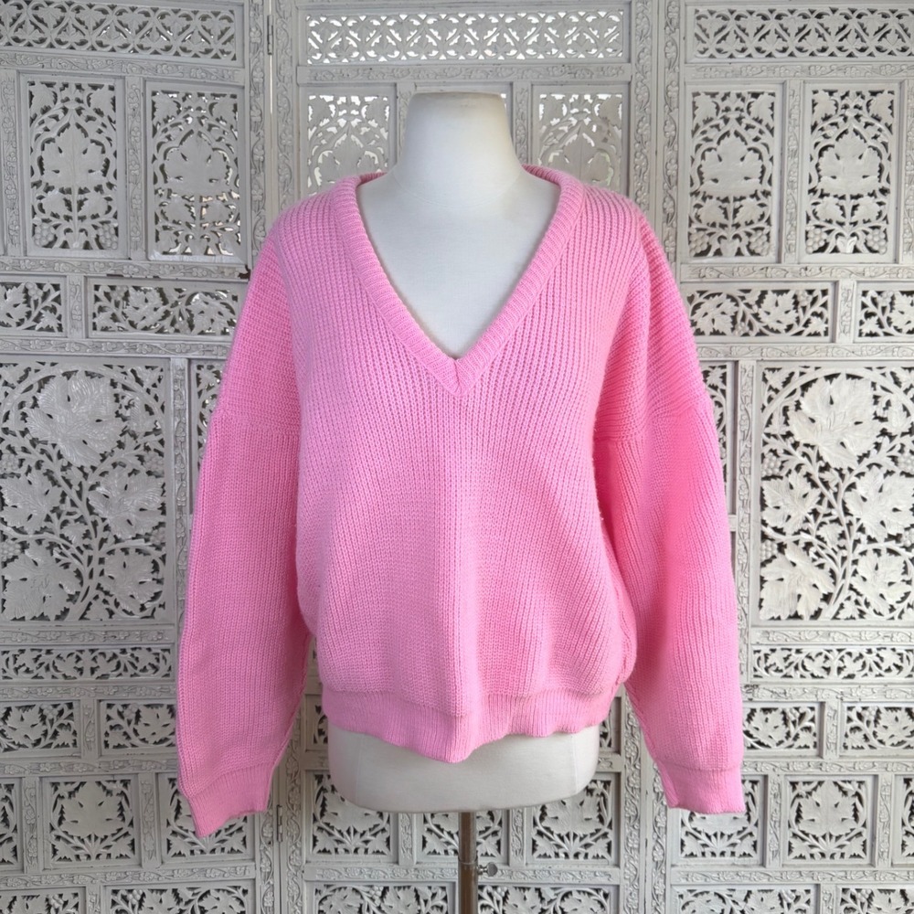 Vtg 80's Pink Chunky V Neck Sweater Womens Large Preppy Golf Retro Pastel